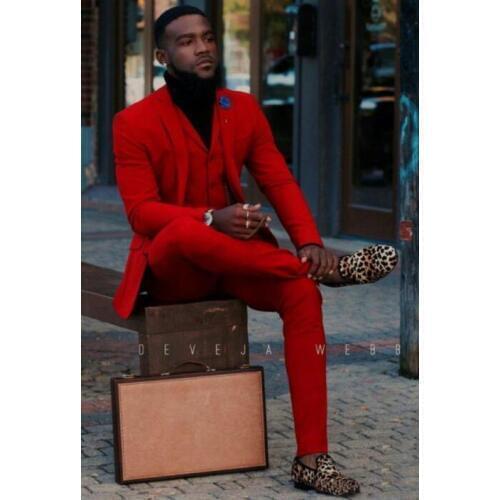 Red Two Button Groom Tuxedos Notch Lapel Men Suits Slim Fit Groomsmen Best Man Wedding Suits (Jacket+Pants+Vest+Tie)