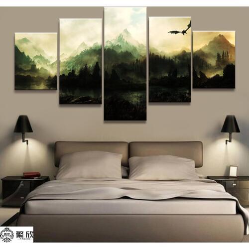 Home Decor Modular Canvas Picture 5 Piece Elder Scrolls V Skyrim Game Painting Poster Wall For Home Canvas Painting Wholesale