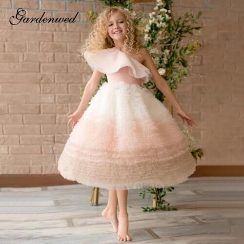 Autumn Puffy Cotton Flower Appliques Communion Dress Girl Scoop Flower Girl Dresses Kids Tulle Aline Winter Girl Party Dresses