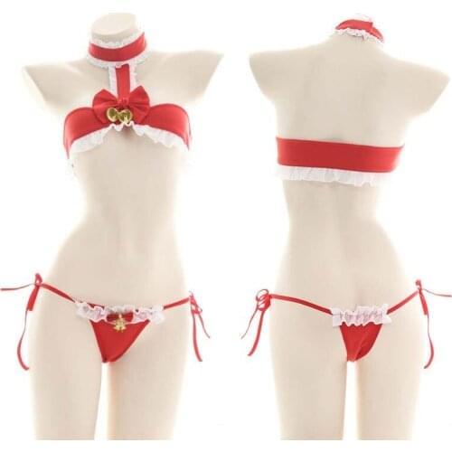 Sexy red bell lingerie Christmas bikini set girls lingerie sexy maid outfit pajamas new year party exotic costume