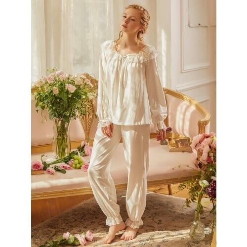Fashion Cotton Lace Womens Long Sleeve Pajamas Sets Autumn Spring Vintage Nightsuits Sweet Girls' Loose Nightwear