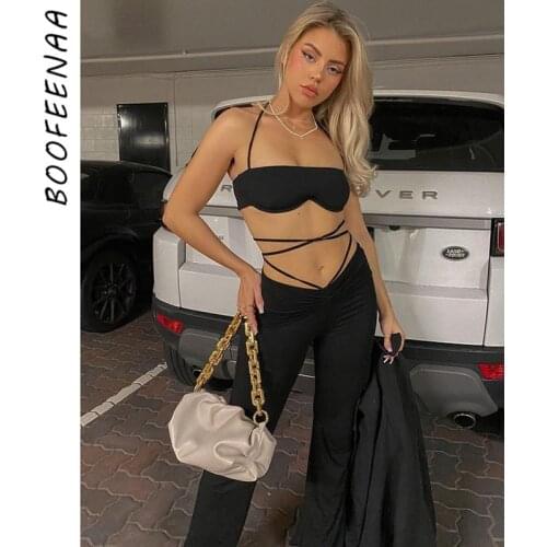 BOOFEENAA Sexy Two 2 Piece Club Outfits for Women Black Drawstring Lace Up High Waist Pants Bra Crop Top Matching Sets C92-CI27