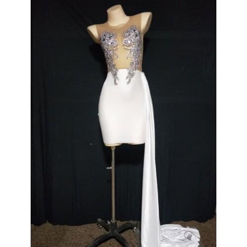 Sexy See Through Mesh Patchwork Party Dress Women Birthday Prom Rhinestone Dress Singer Dancer Trailing Dress Stage Clothes