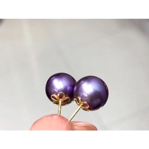 D608 Pearl Earrings Fine Jewelry Solid 18k Gold Round 9-10mm Nature Fresh Water Purple Pearls Stud Earrings for Women Presents
