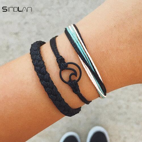 Sindlan Bracelet Bangle 3pcs /set Vintage Jewelry Bohemian Hand-woven Cotton Round Wave Pendant Simple Bracelet Anklet For Women
