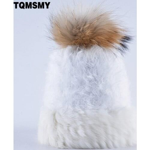 TQMSMY Real rabbit fur hats for womens Winter knitted wool Beanies girls Pompom cap 100% Raccoon fur ball skullies ladies bone