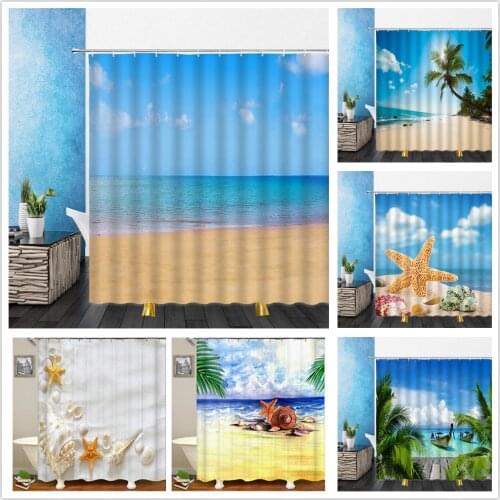 Seaside Sea Beach Wave Coconut Tree shells Shower Curtains Bathroom Home Decor Curtain Frabic Waterproof Bath With Hooks Set
