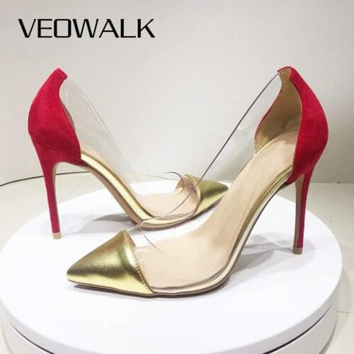 Veowalk Patchwork Women Transparent Pointed To Stilettos Pumps Summer Ladies Sexy Thin High Heel Wedding Bridal Shoes Size 33-45