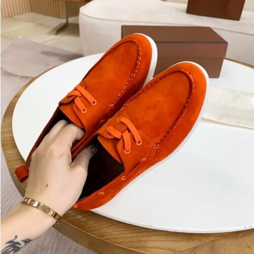 2021 New Kick Lace Up Women Flat Shoes Round Toe Slip-on Outdoor Moccasins Comfort Orange Suede White Sole Casual Shoes