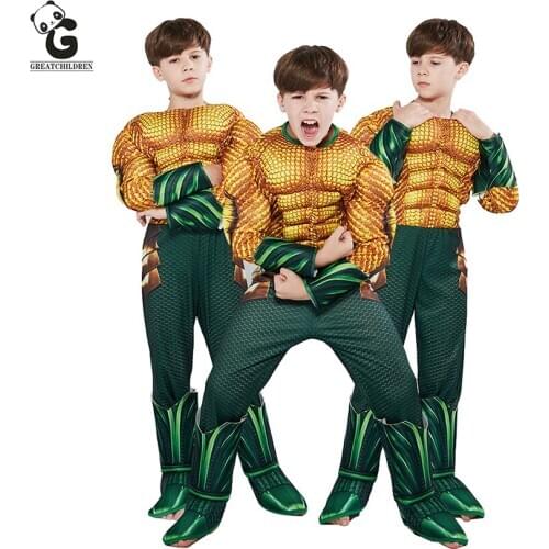 Aquaman Costumes for Kids Halloween Costumes for Kids Boys Muscle Sponge Superhero Costumes Aquama Cosplay Party Dress Jumpsuits