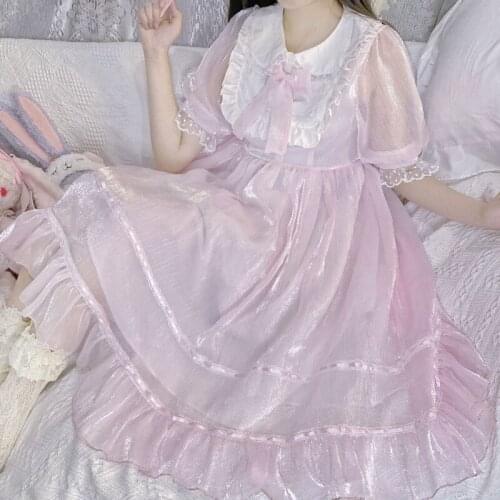 Girl Summer Lolita Doll Dress Women Peter Pan Collar Bow Puff Sleeve Lace Ruffles Chiffon Cute Kawaii Soft Princess Dresses