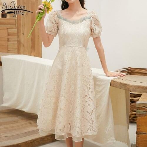 2021 Chic New Summer Dress Women French Vintage Lace Square Collar Dress for Women Elegant Chiffon Fashion Dress Vestidos 13972