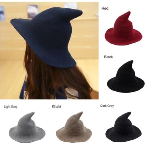 1 Pcs Women Modern Witch Hat Foldable Costume Sharp Pointed Wool Felt Halloween Party Hats Witch Hat Warm Autumn Winter Cap