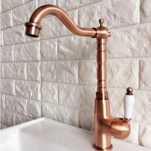 Swivel Spout Antique Red Copper Bathroom Faucet Deck Mounted Single Handle Cold and Hot Water Taps Basin / Sink Faucets lnf414