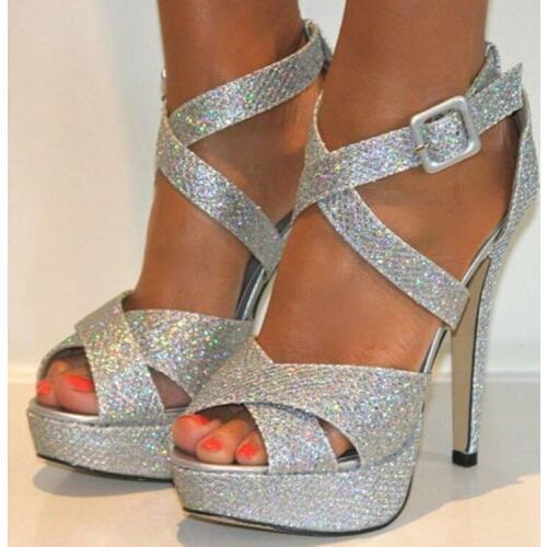 ASHIOFU Handmade Women High Heel Sandals X Buckle Strap Party Prom Summer Shoes Platform Glitter Evening Fashion Sandals Shoes