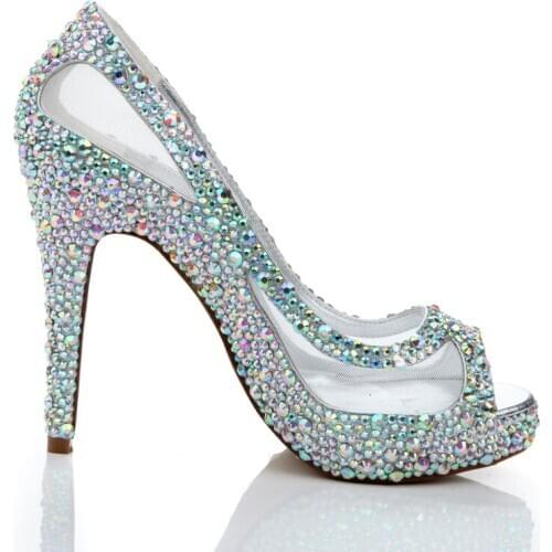 Sparkling Spring Summer Women High Heels Rhinestone Glitter AB Color Crystal Wedding Shoes Peep Toe Mesh Lace Bridal Shoes