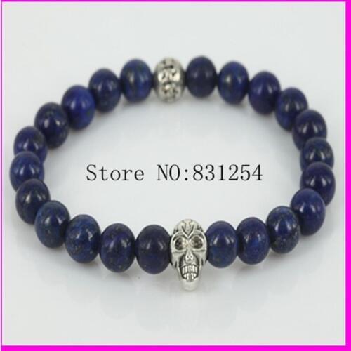 Natural Charm Bracelet Jewelry Rope Handmade 8mm Stone Bead with Silver Plated Color Skull Head Strength Men Bracelet