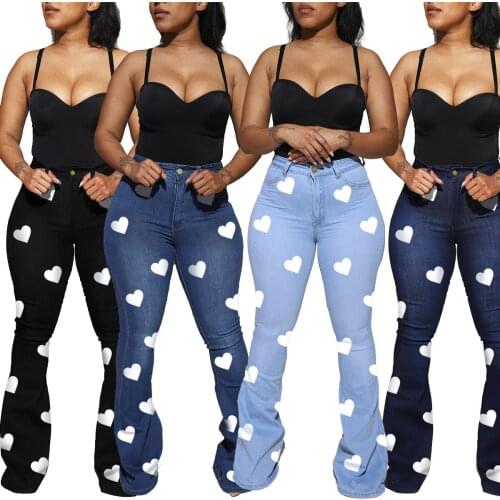 Black Jeans Women Autumn Fashion Heart Print Skinny High Waisted Jeans Woman Casual Bell Bottom Pants