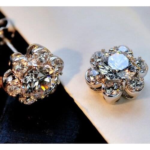 Dainty Silver Color Small Flower Stud Earrings Luxury Female Crystal Stone Earrings Cute White Zircon Wedding Earrings For Women