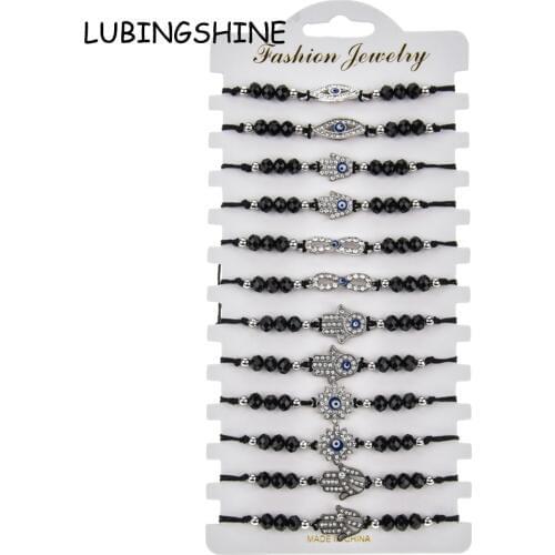 12pcs/lot Women Fatima Hand Evil Eye Charms Bracelet Set crystal bead rhinestone Braided Adjustable Rope Chain Wristband Jewelry
