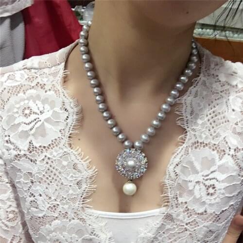 Hand knotted natural 9-10mm grey freshwater pearl zircon accessories short chain necklace shell pearl pendant fashion jewelry