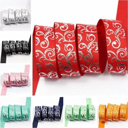 7/8" 22mm Silver Foil Swirl Patterns Printed Grosgrain Ribbon Hair Accessories DIY Handmade Hair Tie Party Decor 100yards/roll