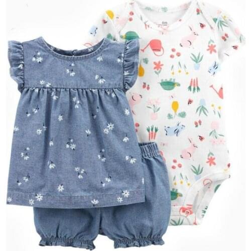 3Pcs/lots Summer Newborn Baby Girls Clothes Short Sleeves Dresses Bodysuit Top+Pp Short Outfits Set Roupa Kids Clothing