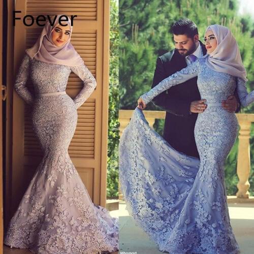 Muslim Hijab Evening Dresses Long Sleeve Lace Mermaid Elegant Purple Evening Gown Saudi Arabic Prom Dress Abaya Dresses