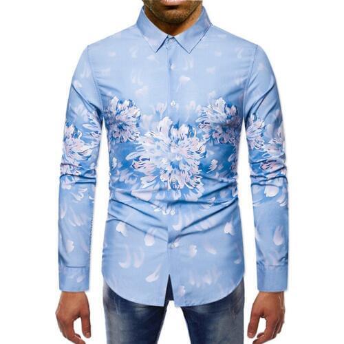 Mens Blue Floral Print Dress Shirts 2020 Brand New Slim Fit Long Sleeve Shirt Men Casual Business Social Shirt Male Camisas XXL