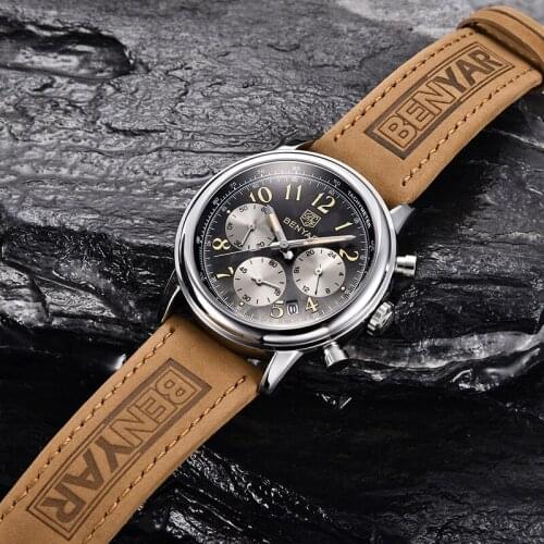 BENYAR Leather Mens Watch Luxury Chronograph Casual Sports Quartz Watch Stainless Steel Case 30M Waterproof Relogio Masculino