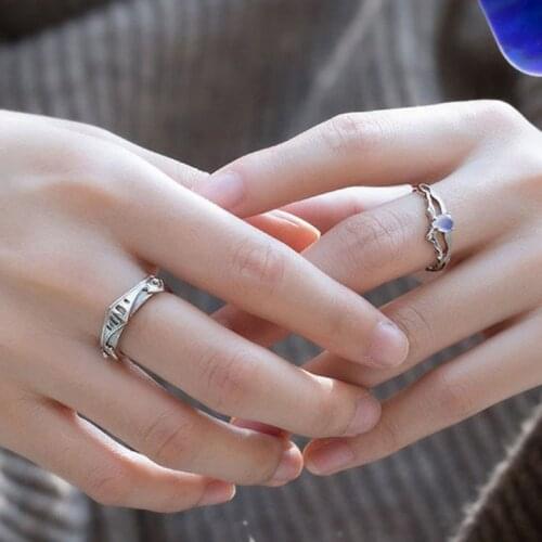 2Pcs Moonstone Princess and Knight Lover Matching Open Band Rings Kit Couple Rings Wedding Promise Ring Set Adjustable