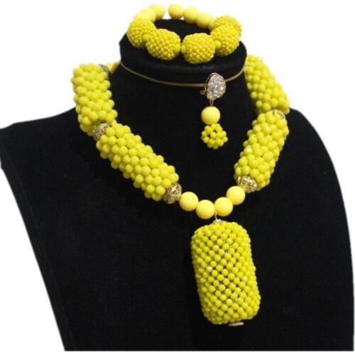 2019 Fine Jewelry Set for Women Yellow and Gold Dubai Necklace Set For Nigerian Weddings Beaded Crystal Balls +Acrylic Beads Set