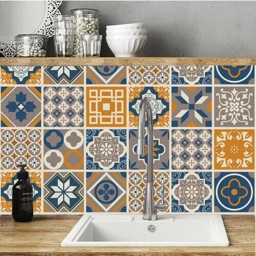 Customed Retro Tiles Wall Stickers for Bathroom Kitchen Tile Arab Style Vintage Square Self Adhesive Tile Sticker PVC Waterproof
