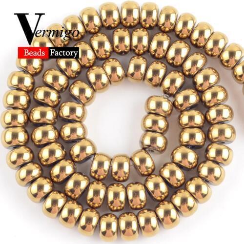 Natural Stone Golds Plated Hematite Rondelle Loose Beads For Jewelry Making DIY Bracelet Accessories 8mm Spacer Wheel Beads 15"