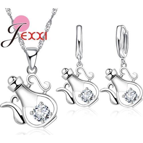 New Hot Sell Vivid Kettle Unique Pattern Crystal Bijoux 925 Sterling Silver Pendant Necklace Earrings Jewelry Set