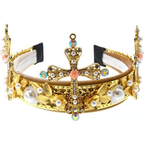 Vintage Retro Baroque Crown Crystals Pearl Headband Yellow Cross Hair Bands Bridal Wedding Party Hair Jewelry Accessories Gifts