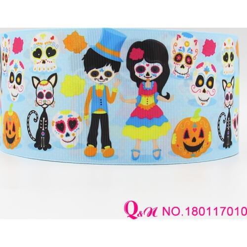 QN ribbon 16mm 22mm 25mm 38mm 50mm 75mm skull Halloween printed grosgrain ribbon webbing 50yards/roll for hair tie free shipping