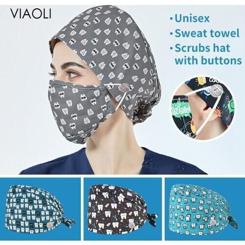 100% Cotton Teeth Cute Cartoon Print Medical Uniform Nursing Hats Beautician Scrub Caps with Button Nurse Cap Accessories Women