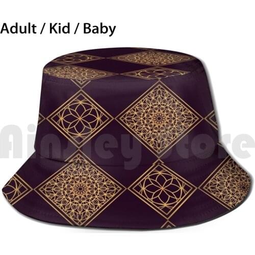 Golden Mandala Pattern Sun Hat Foldable UV Protection Abstract Arabic Pattern Asian Cloth Decorative Flower Geometric