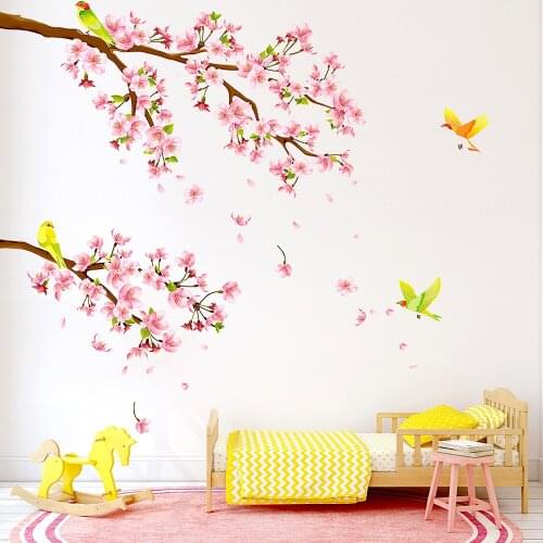 Cherry Blossom Tree Branch Wall Stickers Living Room Decor Removable Flowers Birds Wall Decals Childrens Room Bedroom Decals