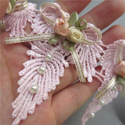 10X Pearl Flower Bowknot Bow Lace Trim Embroidered Lace Ribbon Fabric Sewing Supplies Craft Wedding Dress Decoration 5X7.5CM