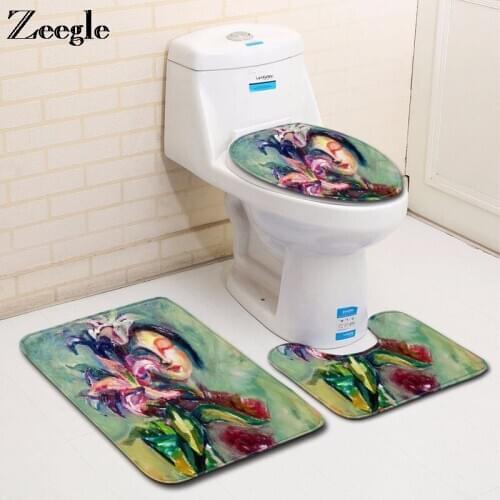 Zeegle Bath Mat Set Washable Bath Mat Bathroom Entrance Doormat Washable Toilet Pedestal Rug Absorbent Flannel 3pcs Toilet Set