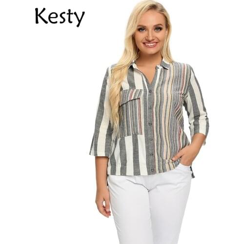 KESTY Womens Plus Size Spring Cotton Striped Shirt With Pockets And Button Lapel Casual Top