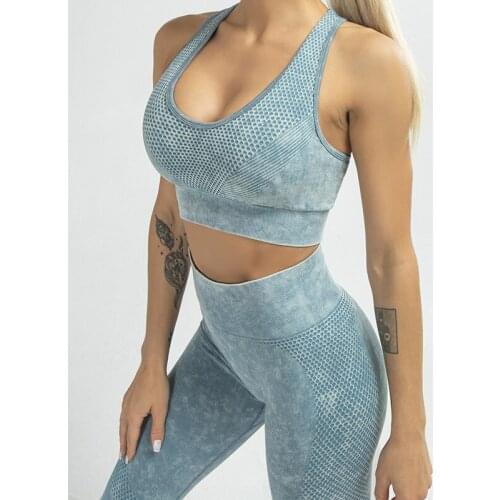 Female Seamless Honeycomb Two Piece Yoga Set Women Workout Bodysuit Fitness Running Suit Tracksuit Gym Sportswear