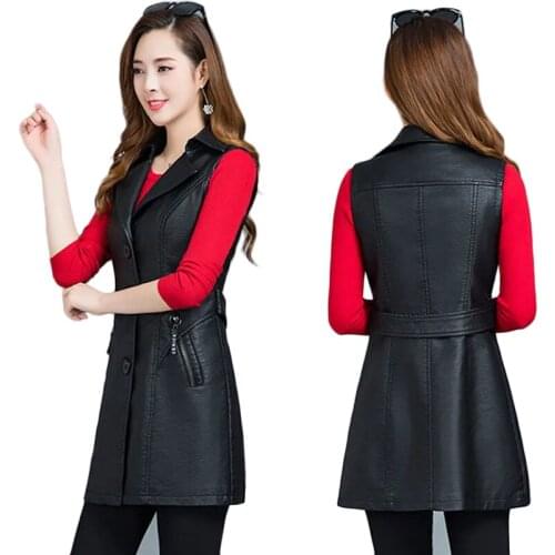 2021 New Spring Autumn Leather Vest Jacket Womens Long Suit Vests Waistcoat Womens Korean Large Size PU Leather Outerwear 4XL