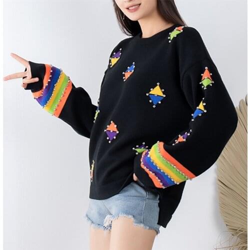 Stripe Front Short Back Long Hem Split Sweater Loose Irregular Jacquard With beading Sweet Beauty Sweater Top