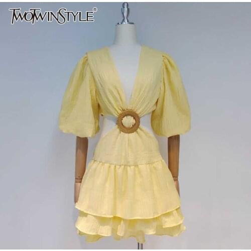 TWOTWINSTYLE Yellow Hollow Out Sexy Dress For Women V Neck Lantern Half Sleeve High Waist Patchwork Mini Dresses Female 2021 New