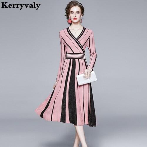 Women Striped Long Sleeve Knitted Sweater Dress Moda Mujer 2021 Slim Pleated A- Line Jersey Midi Autumn Dress Ropa Mujer K6680