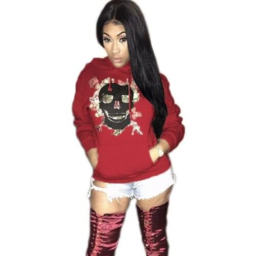 Winter Christmas Halloween Skull Print Pullover Hoodies for Women Casual Harajuku Loose Pockets Long Sleeve Sweatshirts Femme