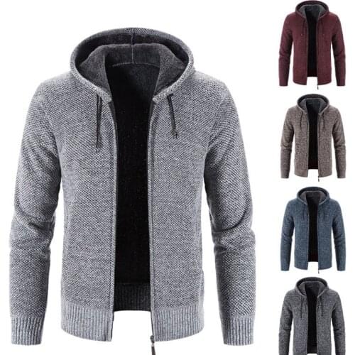 2021 Winter Cardigan Mens Hooded Collar Fleece Warm Sweaters Coat Men Hoodies Jacket Solid Color Zipper Cardigan Sweater MY513